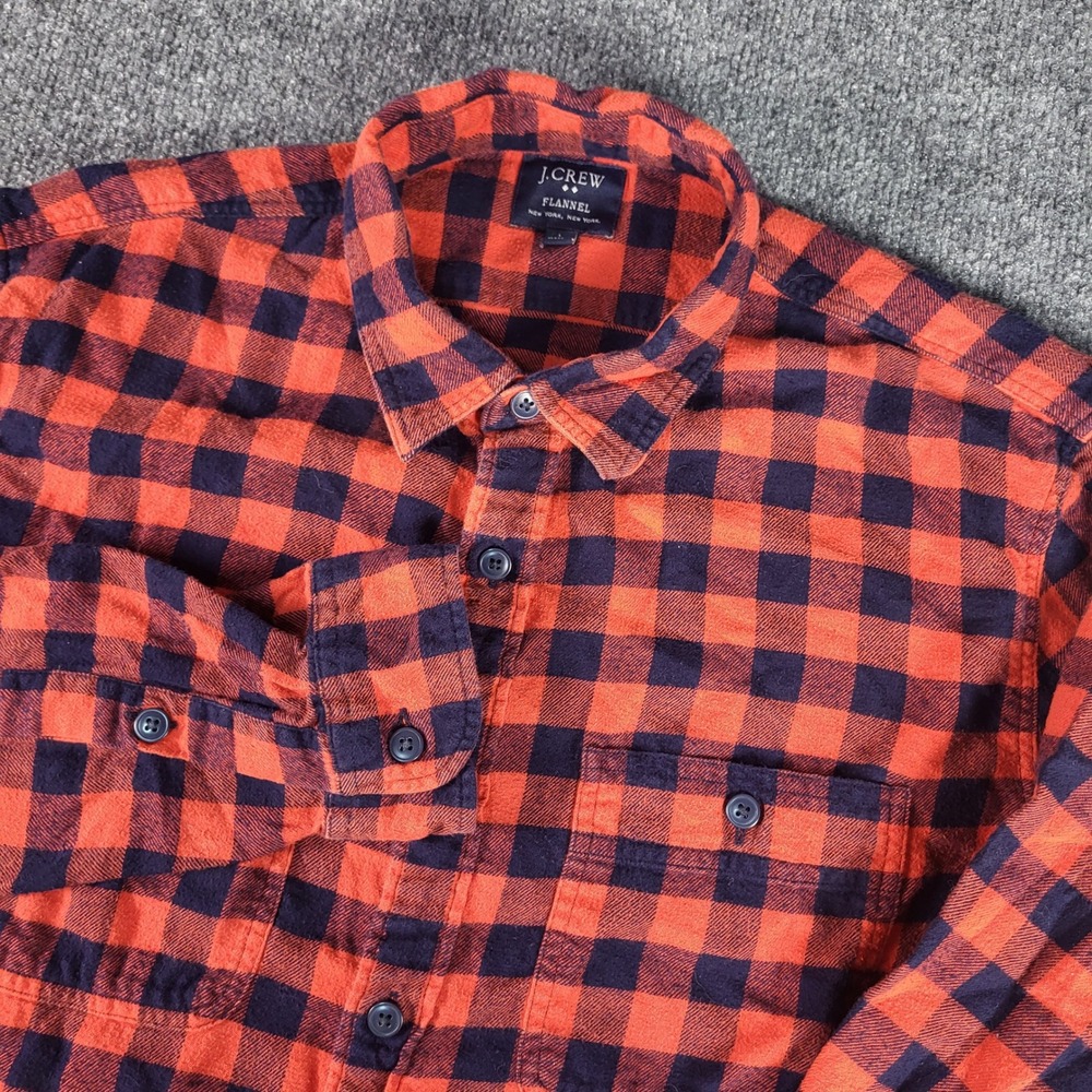 J.Crew Mens Large Flannel Shirt Orange Navy Blue Buffalo Plaid Button Down L